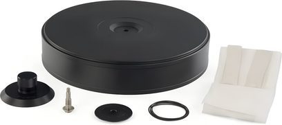Melns matēts Michell Engineering Orbe Platter Kit ar paplāti, starpliku, gredzenblīvi, skrūvi un uzstādīšanas instrukciju