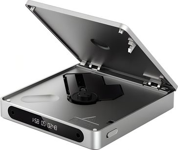 FiiO DM13 BT hopeinen high-fidelity CD-soitin, neliönmuotoinen alumiinikotelo pyöristetyillä kulmilla, avattu kansi paljastaa levyalustan ja etupuolella olevan digitaalisen näytön, kolmen neljäsosan etuviistosta nähtynä