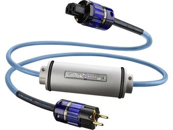 Cavo di alimentazione IsoTek EVO3 Synchro 2m, connettori blu, scatola centrale grigia, su sfondo bianco