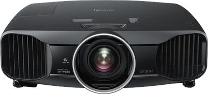 Epson EH-TW9100 sort videoprojektor, set forfra, centralt placeret objektiv, sidehullede ventilationsgitre, afrundet form