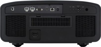 JVC DLA-N7 sort videoprojektor, set forfra, tilslutninger på bagsiden, ventilationsgitre, kontrolpanel øverst