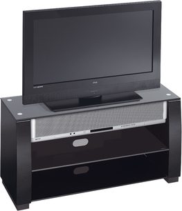 Sort Yamaha YEF-ST810PF TV-møbel med fladskærm, to skuffer og hylde i glas, set forfra i let nedadgående vinkel