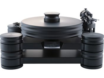 Transrotor Dark Star Reference RB330 matte black hi-fi turntable with thick grooved belt-driven platter, tonearm on the right, and massive cylindrical feet, front view