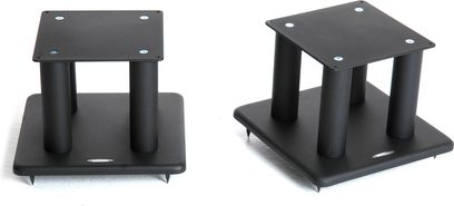 Atacama Audio SL200 sort højttaler, to visninger, forfra og tre kvarter bagfra, mat sort metalstruktur