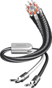 Inakustik Reference LS 803 højttalerkabel (2 x 3 m) med bananstik og sort flettet kappe, set forfra