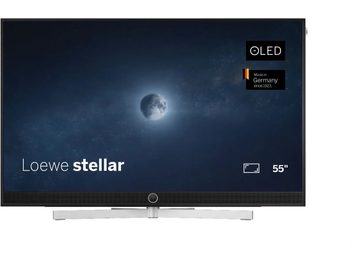 Loewe Stellar 55 DR+ -televisio, musta, etunäkymä, ohutreunainen OLED-näyttö ja integroitu hopeanvärinen soundbar
