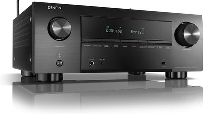 Denon AVC-X3700H sort hjemmebiografsforstærker, set forfra, front med skærm, knapper og drejeknapper, to hovedtelefonstik på højre side