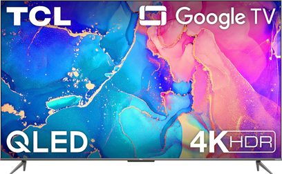 TCL 55QLED760 2022 4K HDR Google TV set forfra, tændt skærm viser farverige abstrakte former