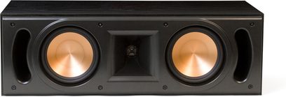 Klipsch RC-52 MkII sort centerkanal, frontvisning, to runde, forgyldte højttalere i et rektangulært, matsortkabinet