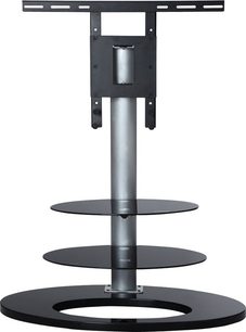 Ateca Ellipse TV-møbel sølv/sort, sort metalramme med 3 sorte glashylder, rund base