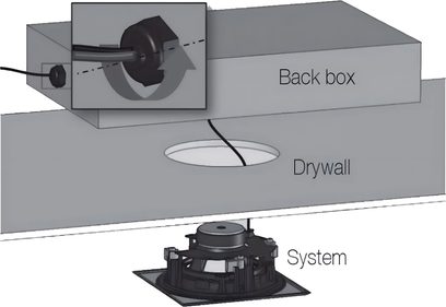 Boîtier arrière d'enceinte encastrable Cabasse Back box Archipel 13 en coupe, avec haut-parleur, cloison sèche et système de fixation