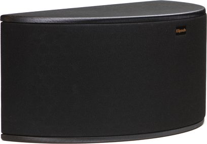 Sort cylindrisk Klipsch R-14S højttaler med afrundet form, sort akustisk gitter dækker forsiden, gyldent Klipsch-logo nederst til højre