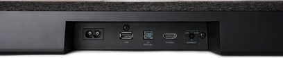 Zadní pohled na zvukovou lištu Polk Audio React Sound Bar v černé barvě, konektory USB, optický TV, TV ARC a napájení