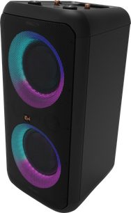 Klipsch GIG XXL sort trådløs Bluetooth-højttaler, set forfra, med to RGB LED-ringe på forsiden
