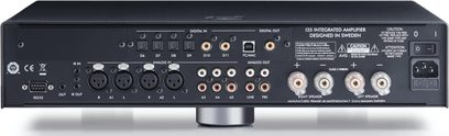 Primare I35 DAC -hopeanharmaa integroitu stereovahvistin, etunäkymä, jossa liitännät ja säätimet edessä ja päällä