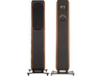 Chario Aviator Amelia floorstanding speaker in satin walnut wood with anthracite grey front panel, front view with a second unit shown three-quarters right—one fitted with a black grille, the other revealing two circular drivers and a spiked metal base