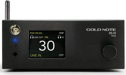Gold Note DS-10 Plus sort netværksaudioafspiller, frontvisning, displayet viser "30", blå LED-indikator tændt, gylden drejeknap