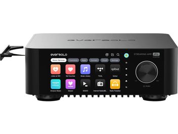 Ενισχυτής hi-fi ολοκληρωμένος στερεοφωνικός EverSolo Play CD Edition μαύρος από βουρτσισμένο αλουμίνιο, όψη από μπροστά με το συρτάρι δίσκου ανοιχτό στα αριστερά, κεντρική έγχρωμη οθόνη αφής που εμφανίζει εικονίδια εφαρμογών και μεγάλο κυκλικό κουμπί έντασης στα δεξιά