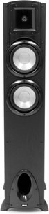 Klipsch Synergy F-20 juoda kolonėlė, vaizdas iš priekio, su dviem apvaliais garsiakalbiais ir aukštųjų dažnių garsiakalbiu centre