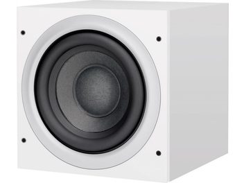 Bowers & Wilkins ASW608 fehér mélynyomó, elölnézet, fekete kör alakú hangszóró középen, fehér négyzet alakú házban