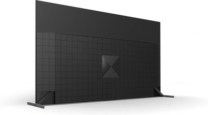 Sony 65A80L TV, sort slukket OLED-skærm, set forfra og let fra siden, på metalfod