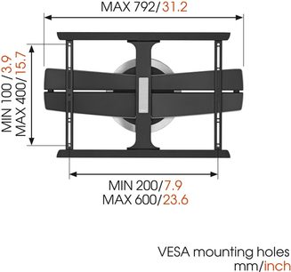 Sort vægbeslag til TV, set forfra, minimums- og maksimumsdimensioner i mm/tommer for VESA-montering og skærmdiagonal