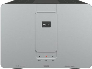 Højttalerforstærker med høj troværdighed SPL Performer M1000 sølv med rektangulær front, centreret logo og tre indikatorlamper
