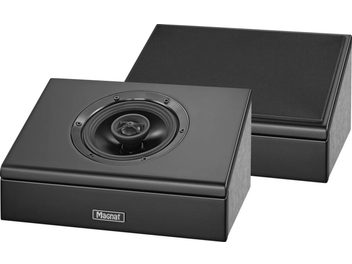 Magnat Cinema Ultra AEH 400-ATM svart bokhyllehögtalare, ovanifrån vy, med inbyggd rund centralhögtalare