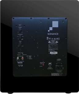 Subwoofer Sonance i8 černý, pohled zepředu, s viditelnými ovládacími prvky a konektory