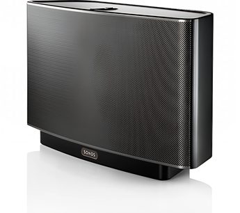 Trådløs sort Sonos PLAY:5 højtaler set forfra, metalgitter, sølvfarvet logo