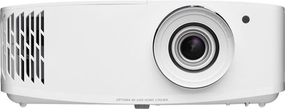 Optoma UHD30 hvid videoprojektor, set forfra, centreret linse, sideventilationsriste