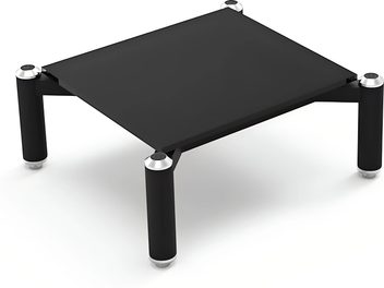 Mesa de centro rectangular negra con 4 patas cilíndricas plateadas en las esquinas, vista superior
