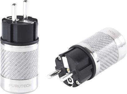 Mannelijke stekker en IEC-connector Furutech FI-50 NCF (R) in verzilverd metaal en koolstof, met zwarte cilindrische ruisfilter