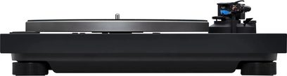 Must Technics SL-40CBT vinüülplaadimängija, eestvaade, hõbedase taldriku ja sinise helinõelaga