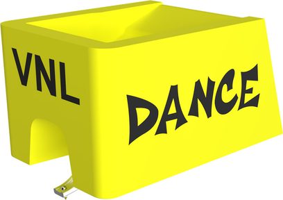 Ortofon-Diamant STYLUS VNL DANCE gelb, Kunststoffgehäuse, Aufschriften VNL und DANCE, silberner Cantilever, Dreiviertelansicht