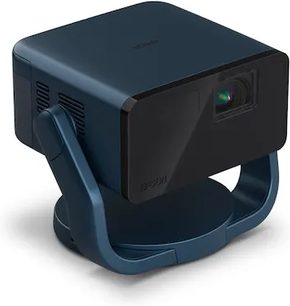 Epson EF-22N projektor, mørkeblå rektangulær kasse, frontlinse, justerbar cirkulær støtte, flad overflade