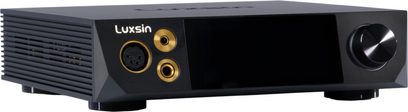 Hi-fi ausinių stiprintuvas Luxsin Audio X8 juodas, su aliuminio priekine panele ir centriniu ekranu, paauksuotos jungtys ir didelis dešinėje esantis valdymo ratukas