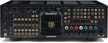 Cambridge Audio Azur 751R sort hjemmebiografsforstærker, frontpanel, mange stik og knapper, digitalt display i midten