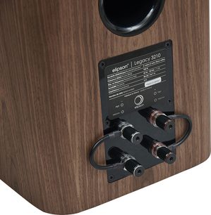Knihovní reproduktor Elipson Legacy 3210 v ořechovém provedení, detailní pohled zepředu na ovládací panel a zadní konektory