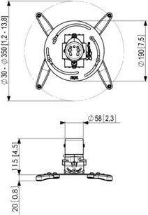 Teknisk diagram med top- og sidevuer af Vogel's PPC 1000 loftmontering til videoprojektor, dimensioner i mm