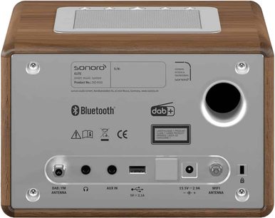 Radio digitale Sonoro Elite in noce-argento, frontale grigia con display, pulsanti e manopola, Bluetooth, DAB+, FM, WiFi, porta USB, vista frontale