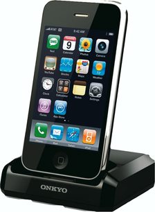 Onkyo UP-A1, iPhone-dockingstation, set forfra og fra siden, skærm der viser app-ikoner, sort base