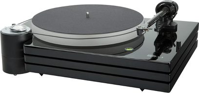 Hi-fi pladespiller Music Hall MMF 9.3SE sort, set ovenfra, tonarm, drejetallerken, kontrolknapper