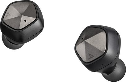 Černá bezdrátová sluchátka do uší Astell&Kern AK UW100, zepředu a z profilu, se šedými geometrickými vzory