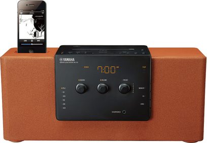 Yamaha TSX-140 Brick, kompakt orange audio-dockingstation med LCD-skærm, dock til smartphone, knapper og fjernbetjening