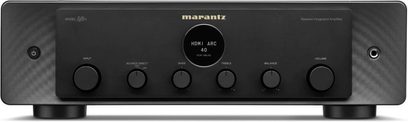 Frontansicht des Marantz Model 40n Stereo-HiFi-Verstärkers in Schwarz, Frontplatte aus gebürstetem Aluminium, OLED-Display, Bedienknöpfe und -regler