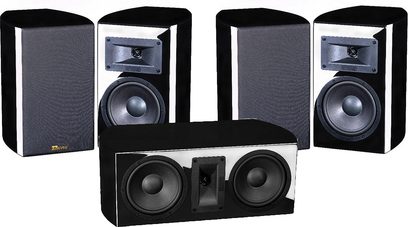 Pakke med 3 Davis Acoustics Clint højttalere i sort lak, 2 vertikale, 1 central, på hvid baggrund