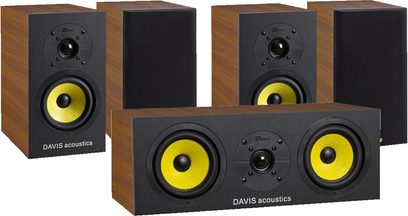 Sada regálových reproduktorů Davis Acoustics Dufy 3D ořech, 5 černých reproduktorů se žlutými měniči, pohled zepředu
