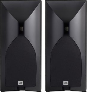 Δύο ορθογώνια ηχεία βιβλιοθήκης JBL Studio 530 σε μαύρο χρώμα, με μαύρες γρίλιες και λευκό λογότυπο, τοποθετημένα δίπλα-δίπλα