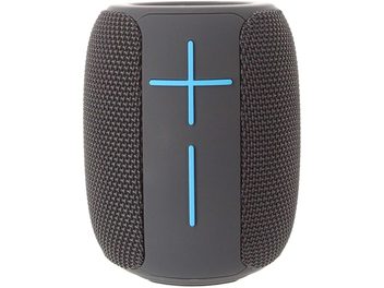 Enceinte bluetooth Yourban Getone 25 grise, vue de face, surface texturée, boutons volume bleu en croix sur panneau central